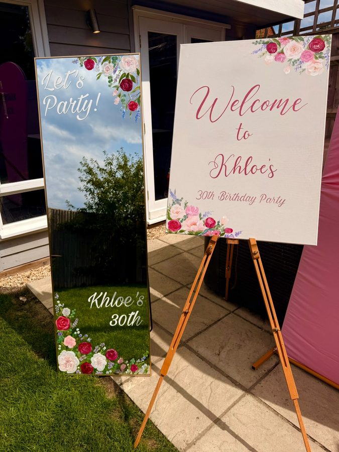 Hand-painted celebration mirror and matching welcome sign by The Wright Occasion