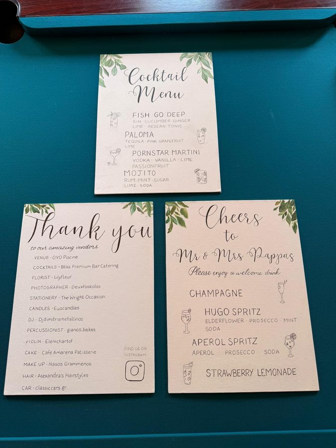 Detail of a hand-painted wedding cocktail menu and bar signage by The Wright Occasion