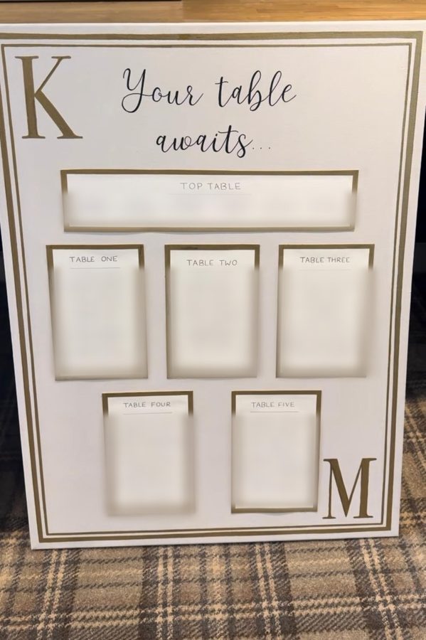 Hand-painted wedding seating plan with gold border and monograms by The Wright Occasion