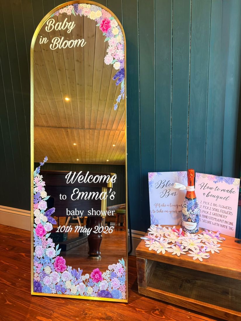 Emma's baby shower floral welcome mirror
