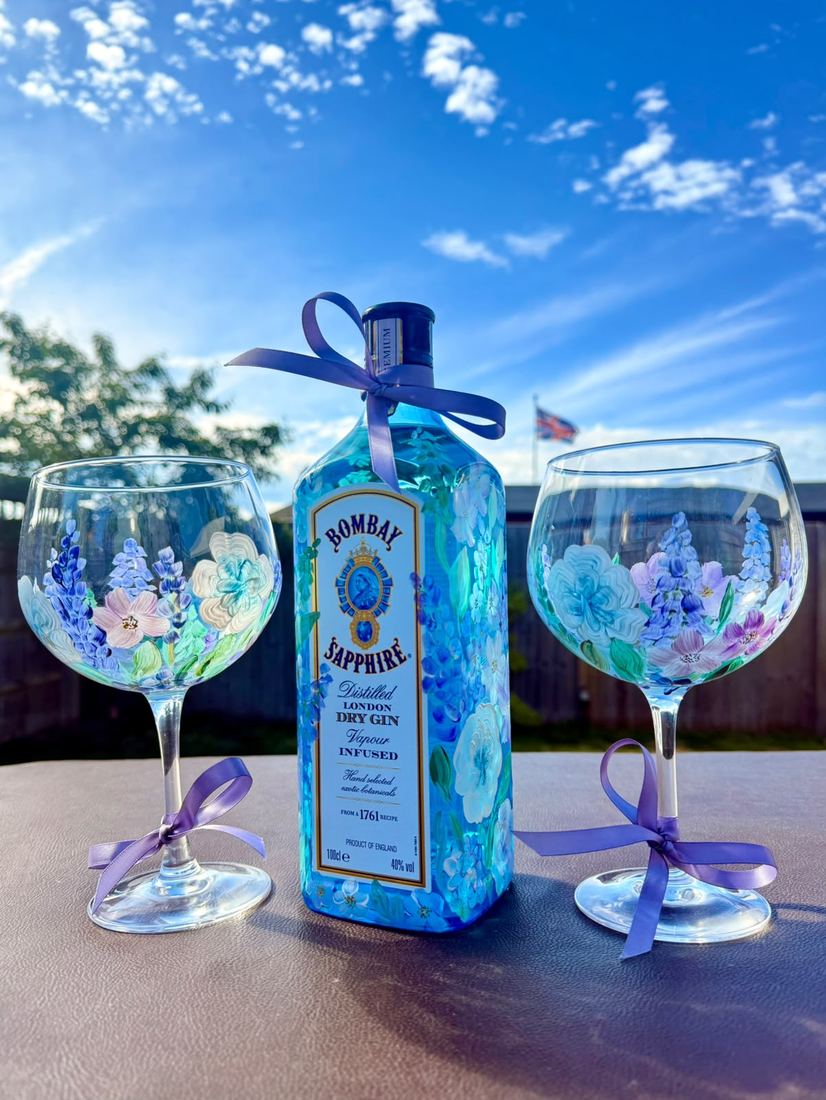 Personalised painted gin bottle and glasses