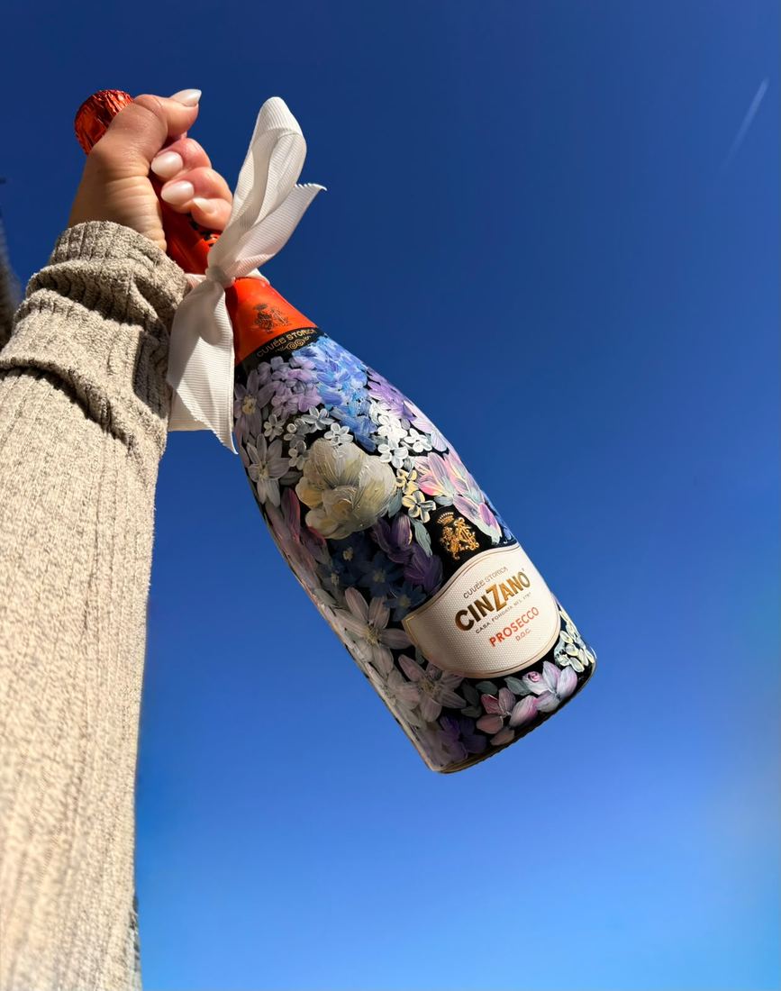 Painted prosecco bottle, sky design