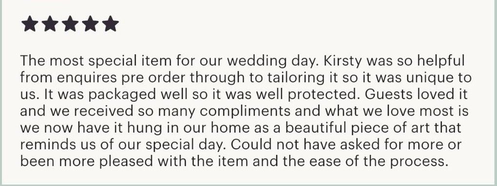 Genuine customer review of a bespoke hand-painted wedding welcome mirror