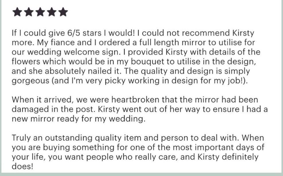 Genuine customer review of a hand-painted full length wedding welcome mirror